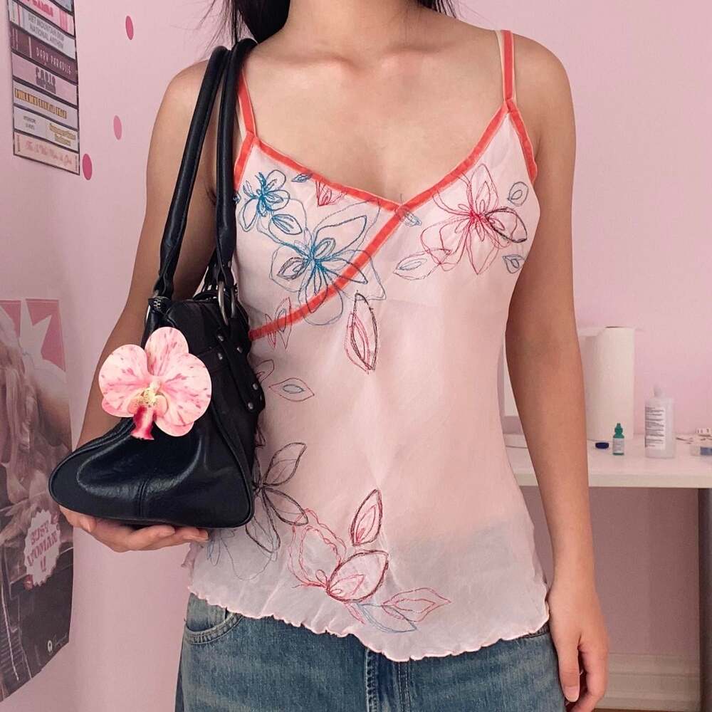 y2k pink sheer embroidered cami